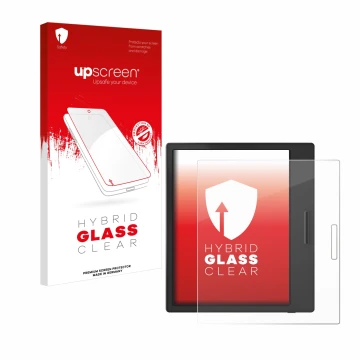 Parte frontal de un envase de producto con el logotipo de la marca upscreen. Al lado se muestra el dispositivo Boox Page con s