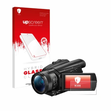 Parte frontal de un envase de producto con el logotipo de la marca upscreen. Al lado se muestra el dispositivo Sony FDR-AX700 