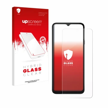 Parte frontal de un envase de producto con el logotipo de la marca upscreen. Al lado se muestra el dispositivo Cubot Note 50 c