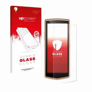Parte frontal de un envase de producto con el logotipo de la marca upscreen. Al lado se muestra el dispositivo Cubot Pocket 3 