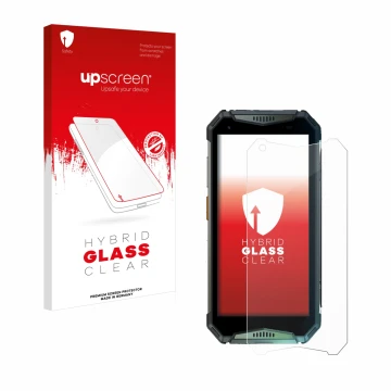 Parte frontal de un envase de producto con el logotipo de la marca upscreen. Al lado se muestra el dispositivo Ulefone Armor 2