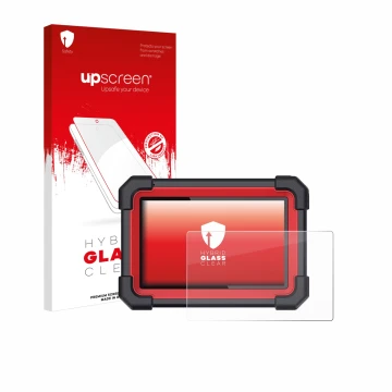 Parte frontal de un envase de producto con el logotipo de la marca upscreen. Al lado se muestra el dispositivo Launch X-431 CR