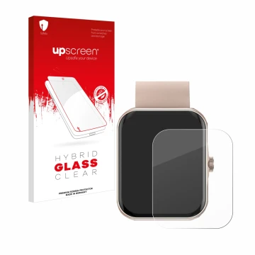 Parte frontal de un envase de producto con el logotipo de la marca upscreen. Al lado se muestra el dispositivo Mutoy Smartwatc