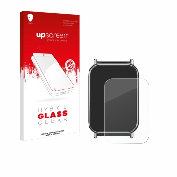 Parte frontal de un envase de producto con el logotipo de la marca upscreen. Al lado se muestra el dispositivo Xiaomi Mi Band 