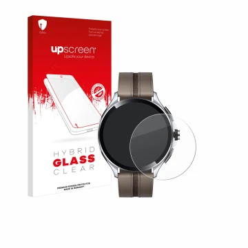 Parte frontal de un envase de producto con el logotipo de la marca upscreen. Al lado se muestra el dispositivo Xiaomi Watch 2 