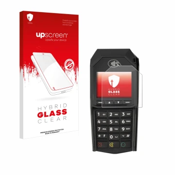 Parte frontal de un envase de producto con el logotipo de la marca upscreen. Al lado se muestra el dispositivo ingenico Lane/3