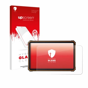 Parte frontal de un envase de producto con el logotipo de la marca upscreen. Al lado se muestra el dispositivo Blackview Activ