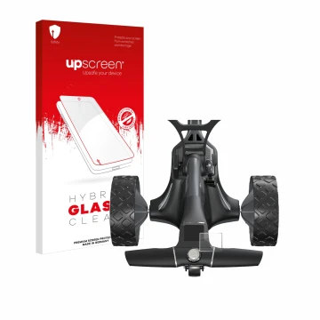 Parte frontal de un envase de producto con el logotipo de la marca upscreen. Al lado se muestra el dispositivo Motocaddy M7 GP