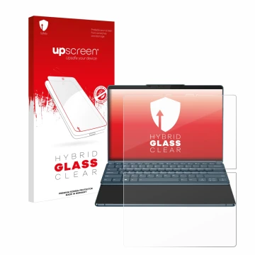 Parte frontal de un envase de producto con el logotipo de la marca upscreen. Al lado se muestra el dispositivo Lenovo Yoga Boo