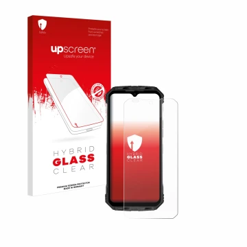 Parte frontal de un envase de producto con el logotipo de la marca upscreen. Al lado se muestra el dispositivo Doogee S110 con