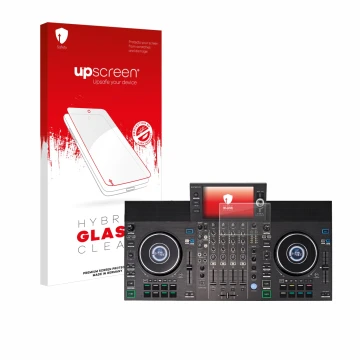 Parte frontal de un envase de producto con el logotipo de la marca upscreen. Al lado se muestra el dispositivo Denon DJ SC LIV