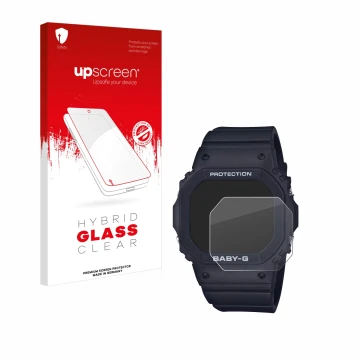 Parte frontal de un envase de producto con el logotipo de la marca upscreen. Al lado se muestra el dispositivo Casio Baby-G BG