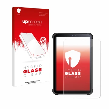 Parte frontal de un envase de producto con el logotipo de la marca upscreen. Al lado se muestra el dispositivo Oukitel RT3 con