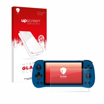 Parte frontal de un envase de producto con el logotipo de la marca upscreen. Al lado se muestra el dispositivo Powkiddy X55 co