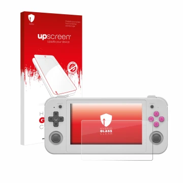 Parte frontal de un envase de producto con el logotipo de la marca upscreen. Al lado se muestra el dispositivo Anbernic RG505 