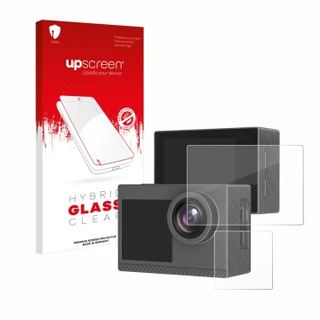 Parte frontal de un envase de producto con el logotipo de la marca upscreen. Al lado se muestra el dispositivo Akaso Brave 4 P