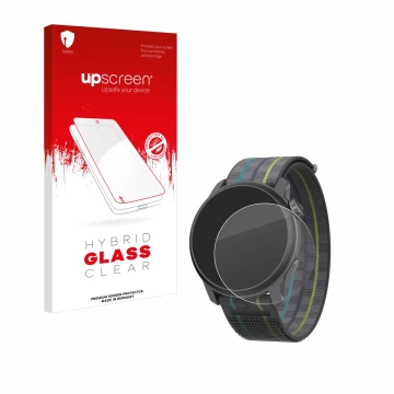 Parte frontal de un envase de producto con el logotipo de la marca upscreen. Al lado se muestra el dispositivo Coros Pace 3 co