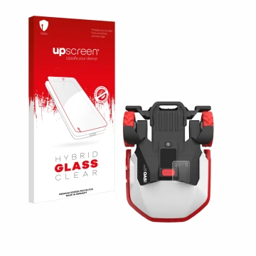 Parte frontal de un envase de producto con el logotipo de la marca upscreen. Al lado se muestra el dispositivo Kress Mission M