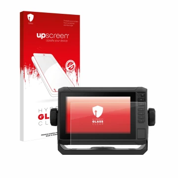 Parte frontal de un envase de producto con el logotipo de la marca upscreen. Al lado se muestra el dispositivo Garmin ECHOMAP 