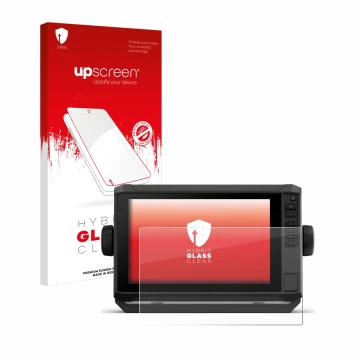 Parte frontal de un envase de producto con el logotipo de la marca upscreen. Al lado se muestra el dispositivo Garmin ECHOMAP 