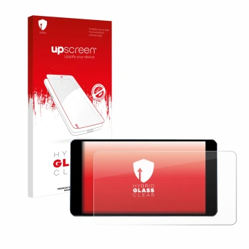 Parte frontal de un envase de producto con el logotipo de la marca upscreen. Al lado se muestra el dispositivo Zontes 350D con