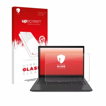 Parte frontal de un envase de producto con el logotipo de la marca upscreen. Al lado se muestra el dispositivo Lenovo ThinkPad