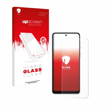 Parte frontal de un envase de producto con el logotipo de la marca upscreen. Al lado se muestra el dispositivo Motorola Moto G