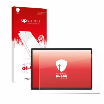 Parte frontal de un envase de producto con el logotipo de la marca upscreen. Al lado se muestra el dispositivo Oukitel OKT3 co