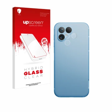 Parte frontal de un envase de producto con el logotipo de la marca upscreen. Al lado se muestra el dispositivo Fairphone 5 (SÓ