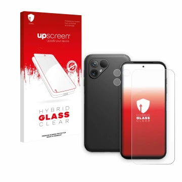 Parte frontal de un envase de producto con el logotipo de la marca upscreen. Al lado se muestra el dispositivo Fairphone 5 (Fr