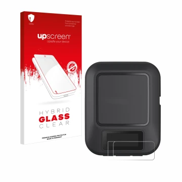 Parte frontal de un envase de producto con el logotipo de la marca upscreen. Al lado se muestra el dispositivo Garmin inReach 
