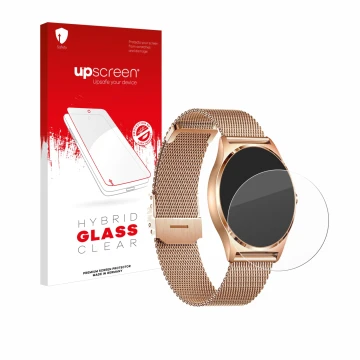 Parte frontal de un envase de producto con el logotipo de la marca upscreen. Al lado se muestra el dispositivo Xcoast X-Watch 