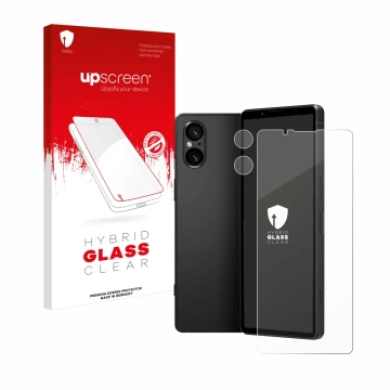 Parte frontal de un envase de producto con el logotipo de la marca upscreen. Al lado se muestra el dispositivo Sony Xperia 5 V