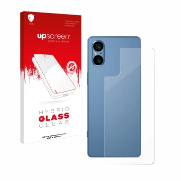 Parte frontal de un envase de producto con el logotipo de la marca upscreen. Al lado se muestra el dispositivo Sony Xperia 5 V