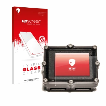 Parte frontal de un envase de producto con el logotipo de la marca upscreen. Al lado se muestra el dispositivo Shearwater Petr