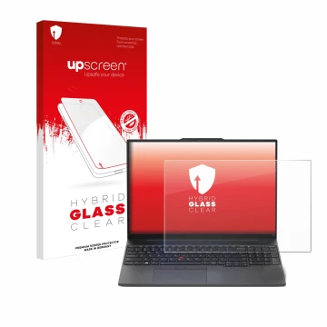 Parte frontal de un envase de producto con el logotipo de la marca upscreen. Al lado se muestra el dispositivo Lenovo ThinkPad
