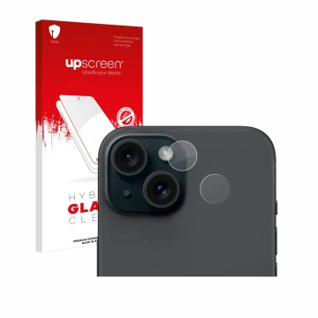 Parte frontal de un envase de producto con el logotipo de la marca upscreen. Al lado se muestra el dispositivo Apple iPhone 15