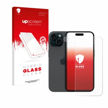 Parte frontal de un envase de producto con el logotipo de la marca upscreen. Al lado se muestra el dispositivo Apple iPhone 15