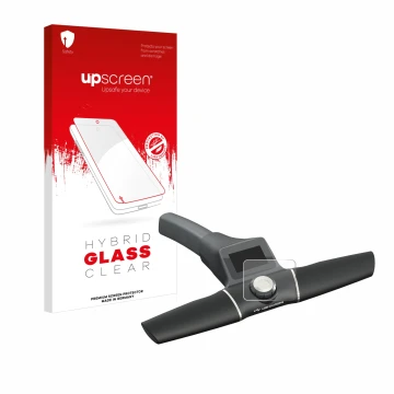 Parte frontal de un envase de producto con el logotipo de la marca upscreen. Al lado se muestra el dispositivo Motocaddy S1 El