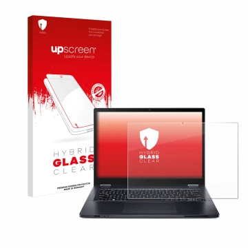 Parte frontal de un envase de producto con el logotipo de la marca upscreen. Al lado se muestra el dispositivo Acer TravelMate