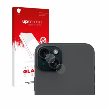 Parte frontal de un envase de producto con el logotipo de la marca upscreen. Al lado se muestra el dispositivo Apple iPhone 15
