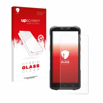 Parte frontal de un envase de producto con el logotipo de la marca upscreen. Al lado se muestra el dispositivo Sunmi L2H con s