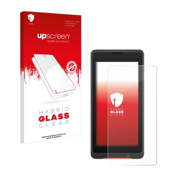 Parte frontal de un envase de producto con el logotipo de la marca upscreen. Al lado se muestra el dispositivo Sunmi P2 Lite S