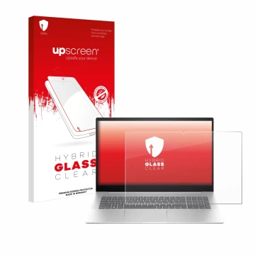Parte frontal de un envase de producto con el logotipo de la marca upscreen. Al lado se muestra el dispositivo HP Envy 17-cw00