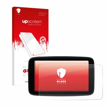 Parte frontal de un envase de producto con el logotipo de la marca upscreen. Al lado se muestra el dispositivo TomTom GO Super