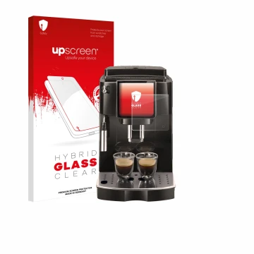 Parte frontal de un envase de producto con el logotipo de la marca upscreen. Al lado se muestra el dispositivo DeLonghi Magnif