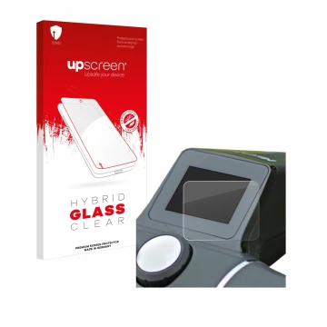 Parte frontal de un envase de producto con el logotipo de la marca upscreen. Al lado se muestra el dispositivo Motocaddy M7 Re