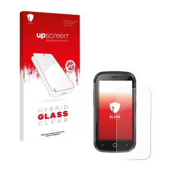 Parte frontal de un envase de producto con el logotipo de la marca upscreen. Al lado se muestra el dispositivo Unihertz Jelly 