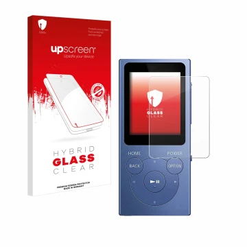 Parte frontal de un envase de producto con el logotipo de la marca upscreen. Al lado se muestra el dispositivo Sony Walkman NW