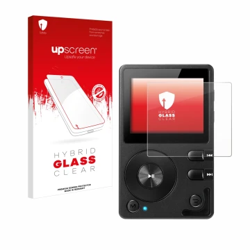 Parte frontal de un envase de producto con el logotipo de la marca upscreen. Al lado se muestra el dispositivo Hifi Walker H2 